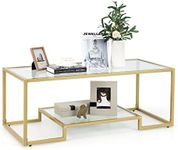 Giantex Modern 2-Tier Coffee Table, Rectangular Accent Table with Golden Metal Frame, Tempered Glass Center Table with Additional Storage Shelf for Living Room Lounge Furniture Decor (Gold)