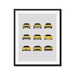 Chevy Corvette Generations Inspired Car Poster - Handmade Print of C1 C2 C3 C4 C5 C6 C7 C8 - Yellow, 8x10" Satin Print (Unframed) - Perfect Gift for Car Enthusiast