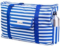 Beach Bag XXL. 100% Waterproof (IP64). L22 xH15 xW6 w Ribbon Handles (Padded Grip), Top Zip, Three Outside Pockets. Blue Stripes Beach Tote Includes Phone Case, Built-In Key Holder, Bottle Opener