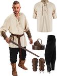 Jiuguva 4 Pcs Halloween Men's Renaissance Costume Set Medieval Shirt Ankle Banded Pants Viking Belt Accessories (X-Large)