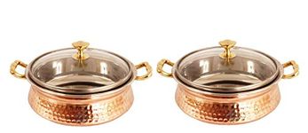 IndianArtVilla Set of 2 Steel Copper Tuffen Casserole with Glass Lid 700 ML each - Serving Dishes Home Hotel Restaurant Tableware Dishware