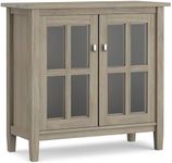 SIMPLIHOME Warm Shaker SOLID WOOD 32 inch Wide Transitional Low Storage Cabinet in Distressed Grey, with 2 Adjustable Shelves, Tempered Glass Door