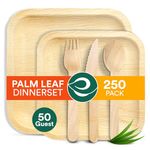 ECO SOUL 100% Compostable Palm Leaf Dinnerware Set of 250 For 50 Guests [10", 6" Square plates, Fork, Knife, Spoon, 50 Count each] | Biodegradable Disposable Utensils for Wedding, Parties, BBQ