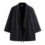 Haseil Men's Kimono Cardigan Japanese Jackets Casual Cotton 3/4 Sleeve Shirt Open Front Coat Lightweight Linen Outwear, Black, Tagsize 4XL=USsize 2XL