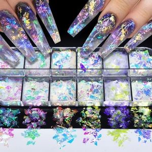 Nail Stickers Holographic Nail Art Glitter Sequins Irregular Mermaid Nail Flakes Confetti Gradient Bright Foil Flakes Design Nail Art Supplies Decals for Make-up Acrylic Nail Decorations 12 Grids