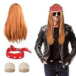 Aomig Rock Star Heavy Metal Wig Set, Rockstar Retro Blonde Rocker Wig 70s 80s Costume Accessories for Men Women, Long Hippie Wig Rocker Fancy Dress Accessories for 1980s Disco, Parties and Halloween