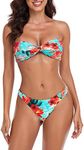 RELLECIGA Women's Twist Front Bandeau Strapless Bikini Swimsuit Two Piece Bathing Suits, Blue Floral, Medium