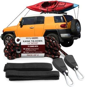 Rope Ratchet 10019 Kayak Tie Down - 1/4" Ratchet with 12' Solid Braided Polypropylene Rope, Heavy Duty Kayak & Canoe Ratchet Rope Tie-Downs, Kayak Accessories (2-Pack)