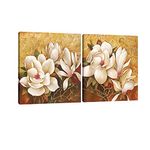 Pyradecor Magnolia Flowers Modern 2 Piece Stretched and Framed Floral Giclee Canvas Prints Oil Paintings Artwork Style Brown Pictures on Canvas Wall art for Living Room Bedroom Home Decorations