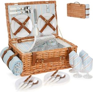 HappyPicnic Wicker Picnic Basket Set for 4 Persons | Large Willow Hamper with Large Insulated Cooler Compartment, Waterproof Blanket and Cutlery Service Kit-Classical Brown