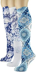 Knee High Trouser Socks w/Colorful Printed Patterns - Made in USA by Sox Trot (3 New Blues)