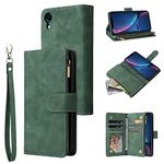 UEEBAI Wallet Case for iPhone XR, Premium Vintage PU Leather Magnetic Closure Handbag Zipper Pocket Case Kickstand Card Holder Slots Wrist Strap TPU Shockproof Flip Cover for iPhone XR -Dark Green