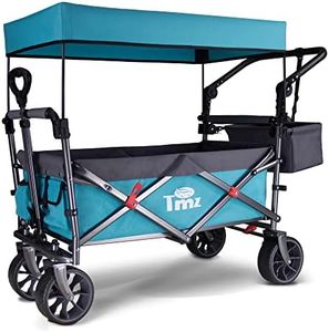 TMZ Bollerwagen faltbar mit Dach Handwagen Transportkarre Gerätewagen Strandwagen Mit Hinterradbremse | klappbar | Vollgummi-Reifen | bis 120 kg Tragkraft, Türkis/Grau