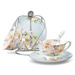 Panbado Cups & Saucers Sets with Spoons and Mug Holder, Champagne Rose on Blue Patterned Bone China 7-Pieces Set Ceramic Tea Coffee Cup Teacups Porcelain Floral Ceremic Mugs, Serve for 2