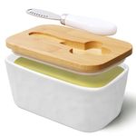 NEOPOO Butter Dish Ceramic Made with Bamboo Lid and Butter Dishes Knife 16.5 ✖ 10 ✖ 7.5 cm ( 500 ML Capacity / White )