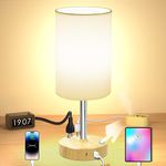 Bedside Lamp Touch Control Table Lamp with USB C + A Charging Port & 2AC Outlet 3-Way Dimmable Bedside Nightstand Lamp with Round Flaxen Fabric Shade for Living Room, Bedroom Dorm, Home Office Decor