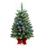 2 ft Mini Christmas Trees with Red Bow Base, 25 F5 LED Lights, 24" Decorated Burlap Artificial Tabletop Christmas Trees with Flocked Pine Cones