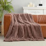 Amélie Home Faux Fur Throw Blanket for Couch, Rabbit Fur Warm Luxurious Soft Striped Cozy Fluffy Plush Gift Blankets for Family Sofa Chair Bed Living Room,Light Coffee,55 x 70 inch