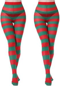 MANZI 2 Pairs Christmas Halloween Striped Tights Full Length Tights Thigh High Stocking Costume Accessory for Women Girls（Red+Green）