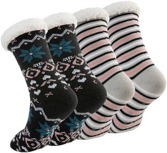 DG Hill Sock Slippers for Women - 2 Pack Non Slip Socks - Fuzzy Socks Warm Socks with Grippers Sherpa Fleece Lined Thermal, Black Snowflake/Pink Stripes