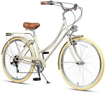 AVASTA 26 Inch Hybrid Bike, Lightweight Step-Through Hi-Ten Steel Frame for City Commuting, 6 Speed Comfort Bicycle with Light in Elegant Beige with Stylish Beige Tires for Woman Female