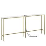 SONGXIN 70.9 Inch Console Table with Power Outlet,Modern Narrow Long Sofa Table Behind Couch,Skinny Entry Table with Gold Metal Frame for Entryway,Living Room, Hallway,Marble White