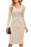 Newshows Womens 2024 Fall Sweater Dress Long Sleeve V Neck Business Casual Teacher Outfits Belted Dresses(Apricot,M)