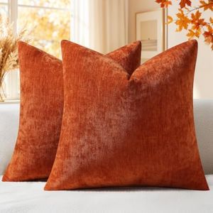 decorUhome Chenille Fall Rust Euro Sham Throw Pillow Covers 26x26 Inch Set of 2, Decorative Soft Couch Pillow Covers Solid Dyed Accent Farmhouse Neutral Square Pillow Cases for Sofa
