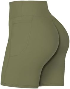 Sunzel No Front Seam Biker Shorts for Women with Pockets, Yoga Workout Gym Bike Shorts with Tummy Control 8" Inseam Olive Green X-Large