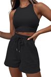 AUTOMET Womens 2 Piece Outfits Tracksuits Lounge Matching Sets Two Piece Linen Shorts Spring Tops 2024 Trendy Summer Clothes, Black, Medium