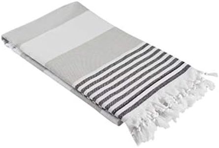 InfuseZen Terry Cloth Lined Turkish Bath & Beach Towel – Striped Design - 100% Organic Turkish Cotton - Soft, Lightweight, Absorbent Peshtemal - Quick Dry for Beach, Bath, Throw, Travel - Beige/Black