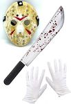 Dreamzfit - Friday The 13th Jason Voorhees Scary Costume Hockey Mask, White Gloves And Machete Halloween Killer Horror Festival Masquerade Party Fancy Dress