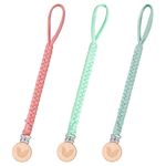 3 Pack Pacifier Clip for Boy and Girl, Pacifier Leashes woodern Clips Teething Toy with Handmade Braided Cotton Modern Unisex Baby Shower Birthdays Christmas Set