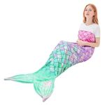 WERNNSAI Mermaid Tail Blanket - Plush Mermaid Wearable Blanket for Girls Teens Adults All Seasons Soft Flannel Fleece Snuggle Blanket Mermaid Scale Sleeping Bag (Pink Green, Adult)