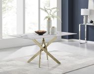 Furniturebox UK Dining Table - Leonardo 6 Seat Dining Table - Glass White Marble Effect Table Shiny Gold Metal Legs -Nested Starburst Design - Modern Contemporary Dining Room Home Kitchen