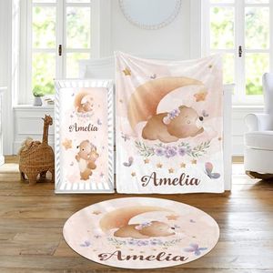 Duckbe Custom Baby Crib Bedding Set - Moon Animal Personalized Name Nursery Bed 3 Pcs Set - Chic Soft Blanket, Sheet, Crawling Rug for Newborns Boys Girls Gifts Color03-Bear