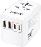 LENCENT Universal Travel Adapter, GaN3 65W International Travel Charger with 2 QC4.0 USB-A+ 2 PD3.0 Type-C PPS Fast Charging, Worldwide European Outlet Adaptor for Phone,Laptop, USA/UK/EU/AUS White