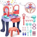 Eohemeral Toddler Vanity Makeup Table with Mirror and Chair, Kids Makeup kit for Girls,Kids Vanity,Vanity Set, for 3 4 5 6 Year Old Girl Gifts,Princess Toys,Girls Vanity,Vanity Chair,Makeup for Kids