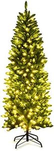 Costway 1.8m/6ft Pre-lit Pencil Christmas Tree,Artificial Hinged Fir Christmas Tree with 743 PVC Tips and 250 SAA certificated LED Lights, Christmas Drcoration with Sturdy Iron Stand, Easy Set-up