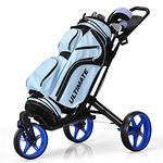 Tangkula Golf Push Cart with 360° Swivel Front Wheel, Aluminum Collapsible 3 Wheels Golf Pull Cart, Golf Trolley w/Elastic Strap, Scoreboard Storage & Foot Brake, Height-Adjustable Handle (Navy Blue)