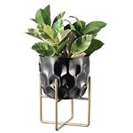 MyGift 7 Inch Deluxe Modern Hammered Black Metal Flower Planter Pot with Gold Decorative Riser, Plant Pot with Display Stand Décor - Handcrafted in India