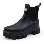 AMOJI Women Platform Chelsea Boots Men Rain Boot Adult Rubber Ankle Shoes CB917 Black Size 10.5 Women/9Men