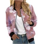 Mrat Jackets for Women UK Ladies Floral Coat Crew Neck Bomber Jacket with Pockets Full Zip Casual Jackets Ribbed Cuffs Daily Jacket Lightweight Boho Jackets Work Office Holiday Multicolor XXL