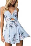 Angashion Women's Sexy V Neck Printed Spaghetti Strap Beach Romper Shorts Jumpsuit ,Light Blue,Large