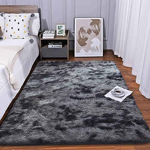 Tinyboy-hbq Fluffy Rug, Fur Area Rugs Grey Bedroom Rugs Carpet, Shaggy Anti-Skid Carpets for Living Room Bedroom Dining Room Home Decor(Black/Gray,80x120cm)