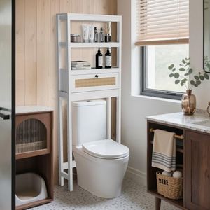 GORZING Over The Toilet Storage Cabinet, 3-Tier Bathroom Organizer with Rattan Door, Wooden Space Saver for Restroom, Bathroom, Laundry