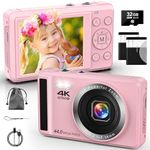 4K Digital Camera - 2.4'' Point and Shoot Digital Cameras 44MP, Autofocus Compact Digital Camera 16X Digital Zoom, Vlogging Camera with 2 Batteries and a 32GB SD Card, for Teens Students Girls