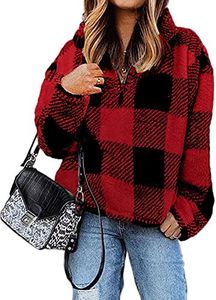 BTFBM Women Sherpa Pullover Quarter Zip Long Sleeve Fluffy Soft Fleece Jackets Sweaters Sweatshirts Hoodies Outwear Coat (Plaid Red, Large)