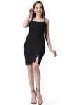 POPWINGS Casual Solid Mini Bodycon Dresses for Women with Front Slit and Noodle Straps | Bodycon Dress for Women Summer Western Bodycon Dresses for Women Black