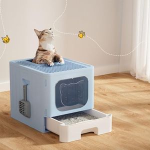 i.Pet Cat Litter Box, Plastic Kitty Litters Boxes Bin Cabinet Large Toilet Ventilation Enclosed Furniture with Spacious Space, Double Door, Foldable Scoop and Removable Tray Blue